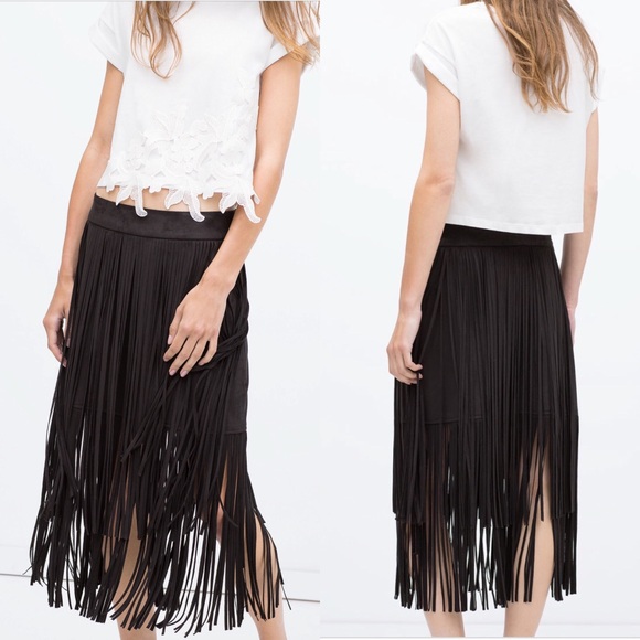 Zara Dresses & Skirts - Zara suede Fringe Skirt 1HR SALE💕